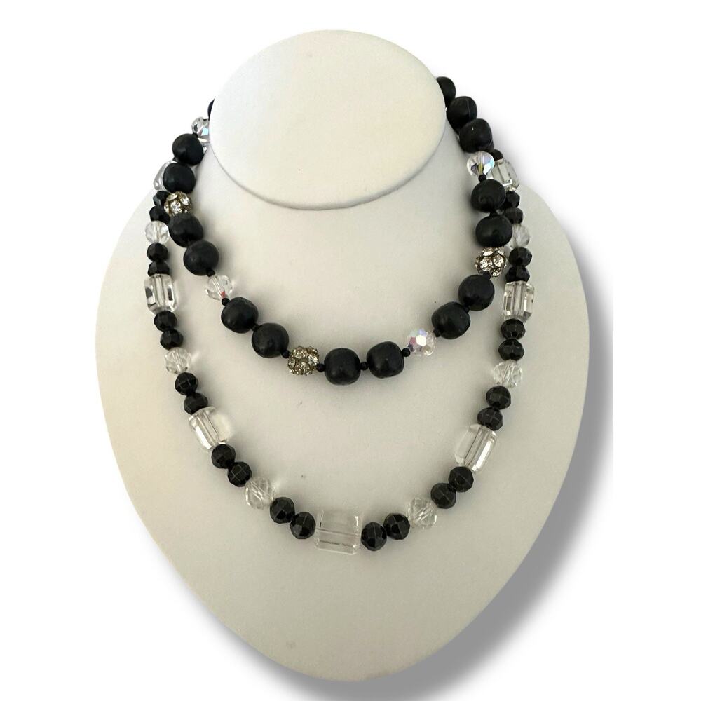 2 Vintage Black & Clear Glass Beaded Necklaces Aurora Borealis 24” &‎ 16”